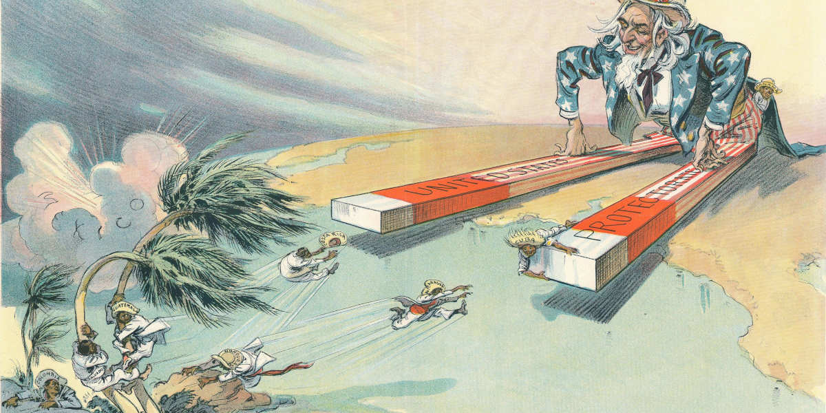 An early 20th century illustration depicting Uncle Sam bearing two magnets pointed at caricatures of Latin American nations like Cuba and Costa Rica, who are being dragged towards them against their will. The magnets read 'United States protectorates'