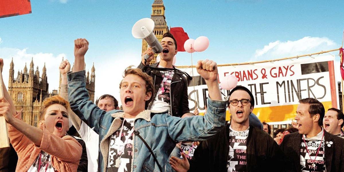 A still from the 2014 film Pride shows jubilant marchers connecting gay rights to the miners strikes
