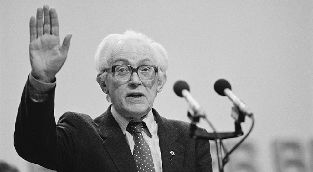 Labour's then-leader Michael Foot addresses a rally in 1983.