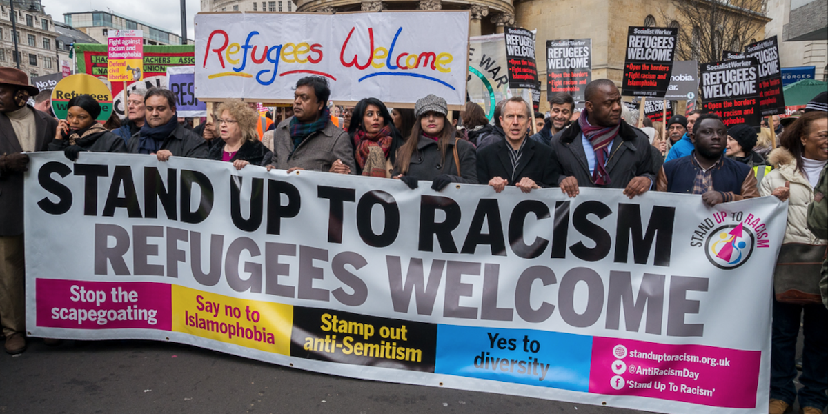 Refugees Welcome protest in London, credit: The Weekly Bull