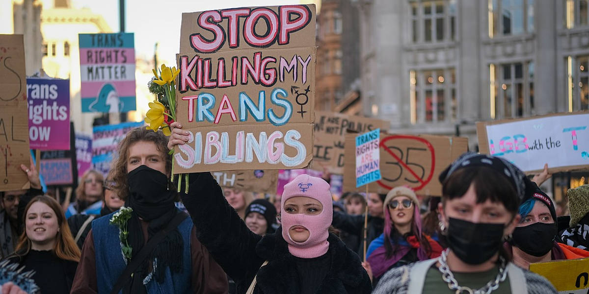 A group of protestors holding signs and placards in support of trans rights