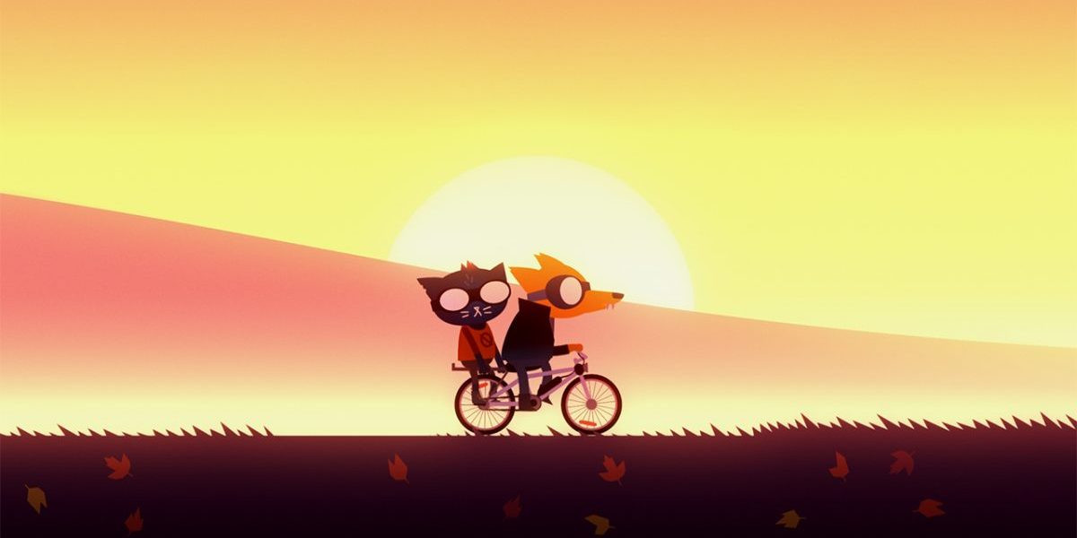 Two characters from the video game Night in the Woods riding a bicycle set against the sunset