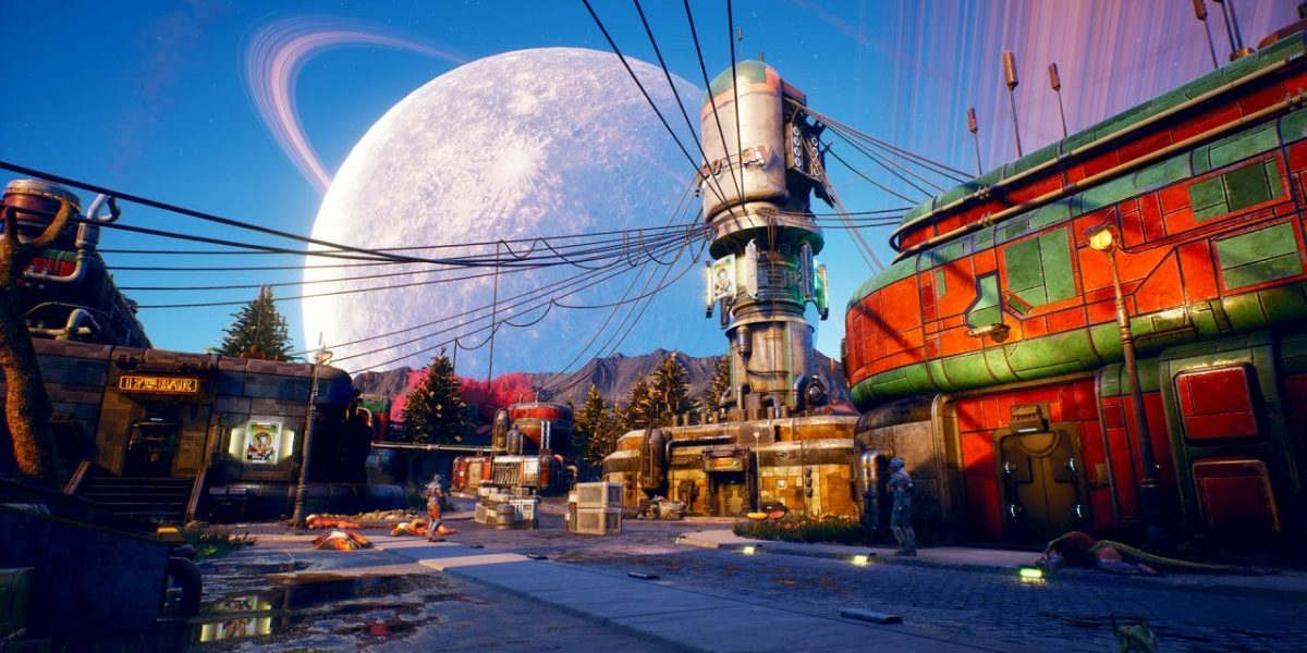 A screenshot from the video game The Outer Worlds, showing an abandoned futuristic spacefaring settlement set against a large alien moon
