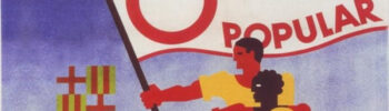 A promotional image for the 1936 People's Olympiad includes an illustration of three people with different colour skin and clothes, holding a banner reading 'Olimpiad Popular'