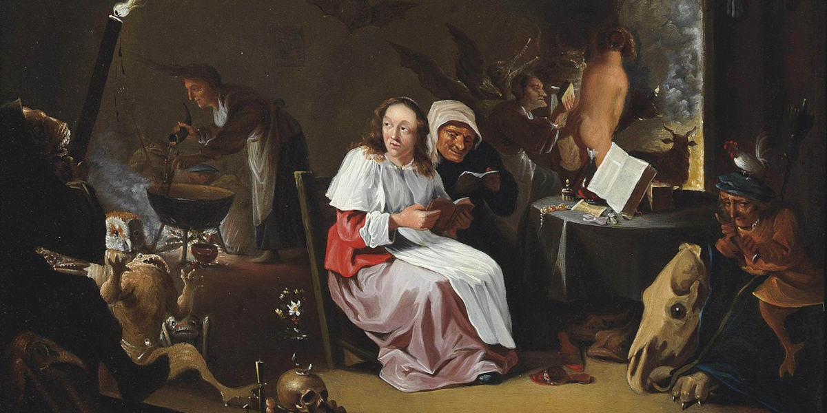 A painting showing witches performing a ritual surrounded by magical items and creatures