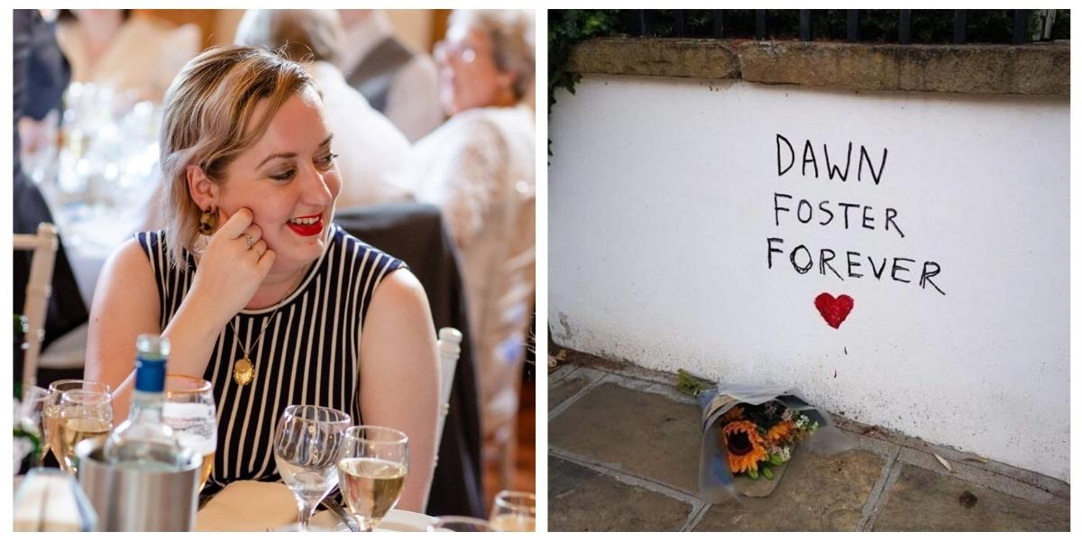 Two photos side by side. Dawn Foster sitting at a dinner smiling. A tribute writting on a white wall reads Dawn Foster Forever