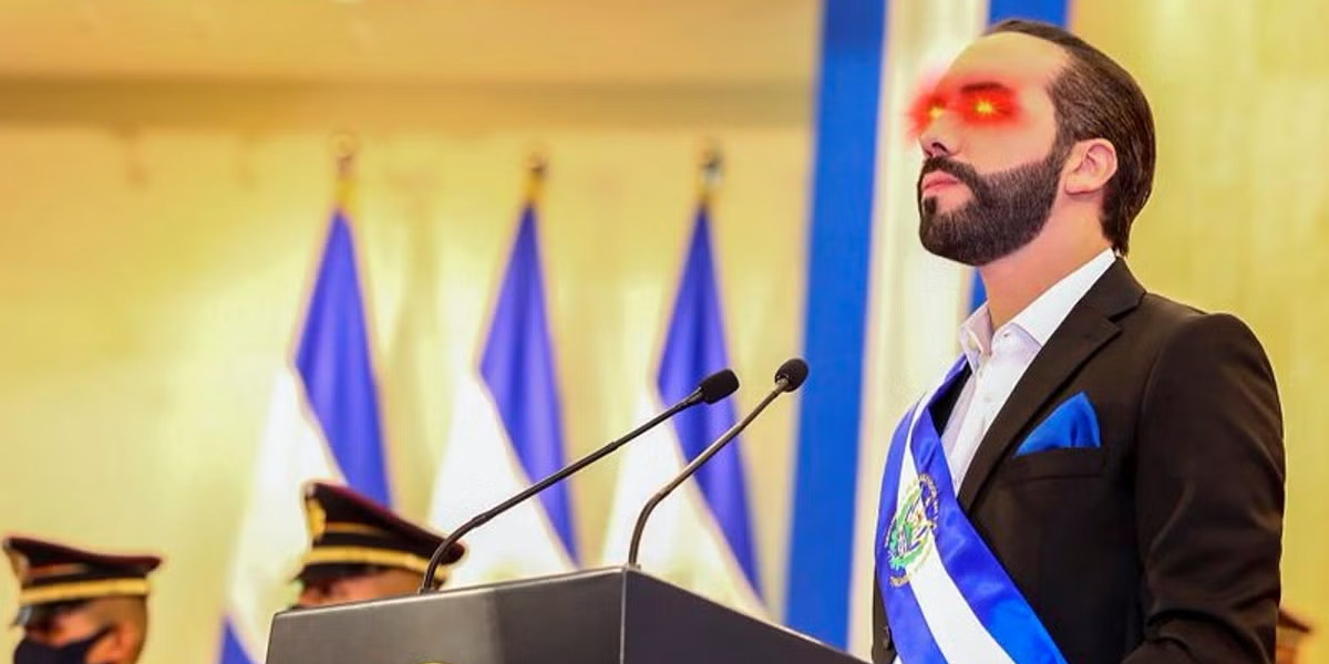 An altered image of the President of El Salvador Nayib Bukele standing at a podium with glowing red eyes