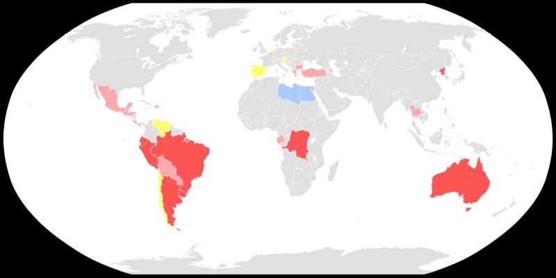 A map on which the countries marked in red have enforced compulsory voting. By SPQRobin (licensed under Creative Commons)