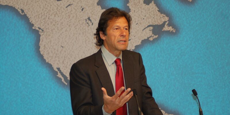 Imran Khan speaking from a Chatham House podium