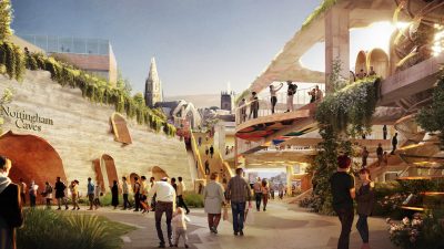 A futuristic image of a bright and bustling city centre