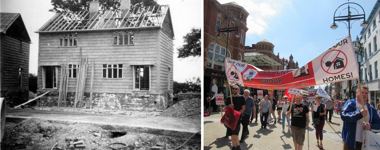 Left: A black and white photo of a house under construction. Right: A colour photo of people marching holding a 'Save Our Homes LS26' banner