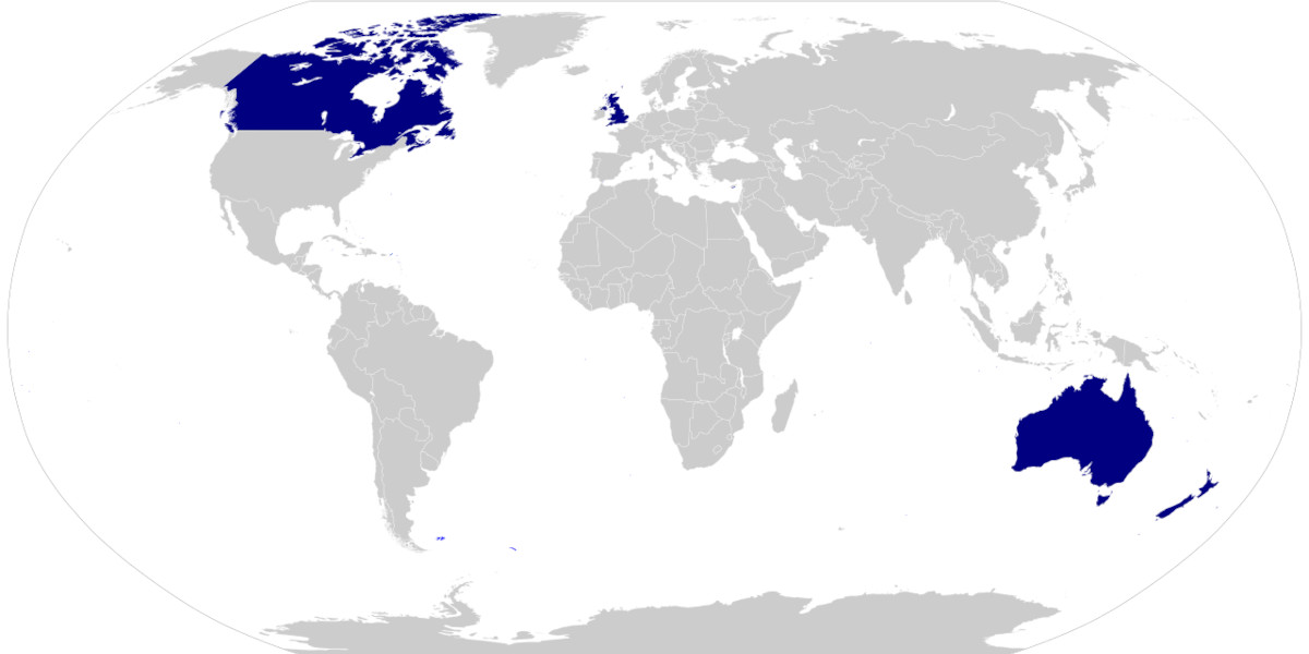 A map of the world showing the CANZUK countries and dominions (Canada, Australia, New Zealand and the United Kingdom) highlighted in blue
