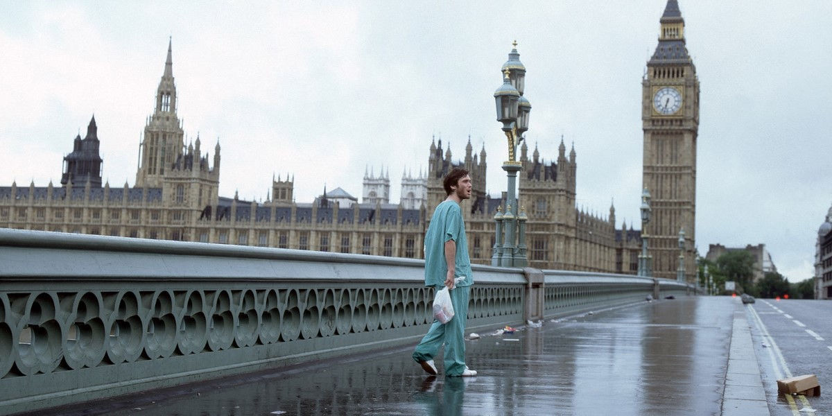 Cillian Murphy's character in the film 28 Days Later wandering in a hospital gown past an abandoned Houses of Parliament