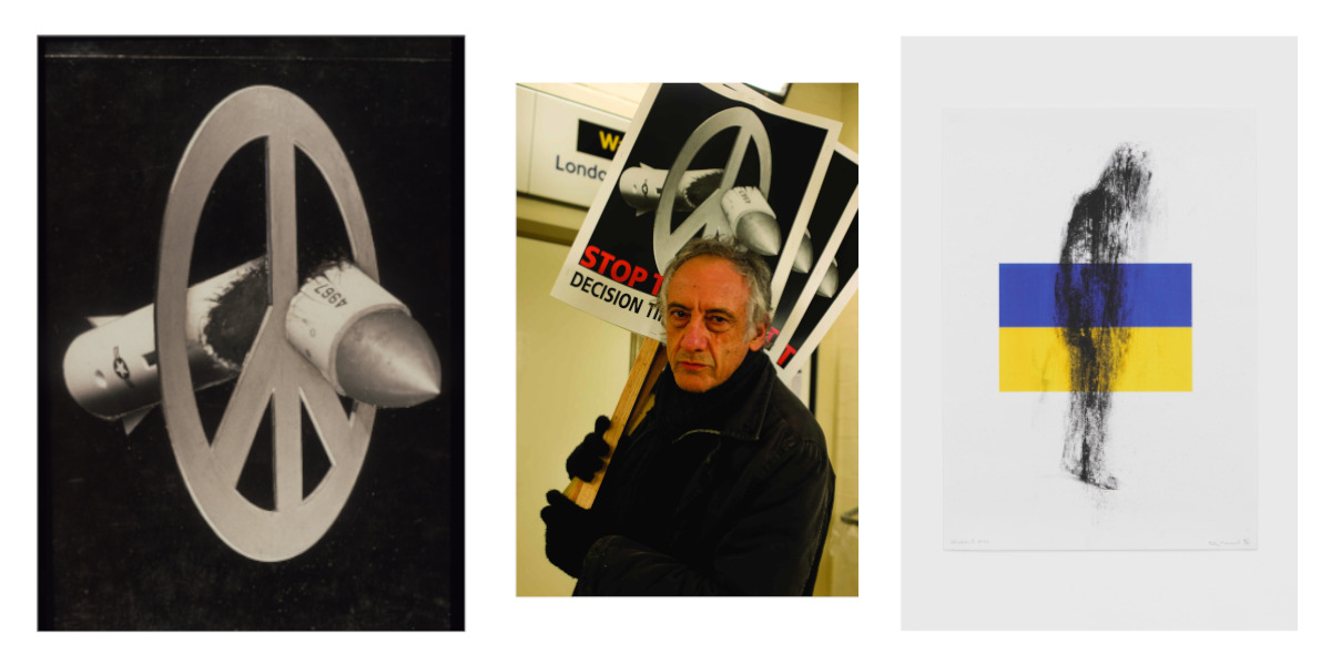 A collage of images featuring Peter Kennard and two of his artworks - one showing a CND logo cutting through a bomb, the other a shadow of a person against the flag of Ukraine