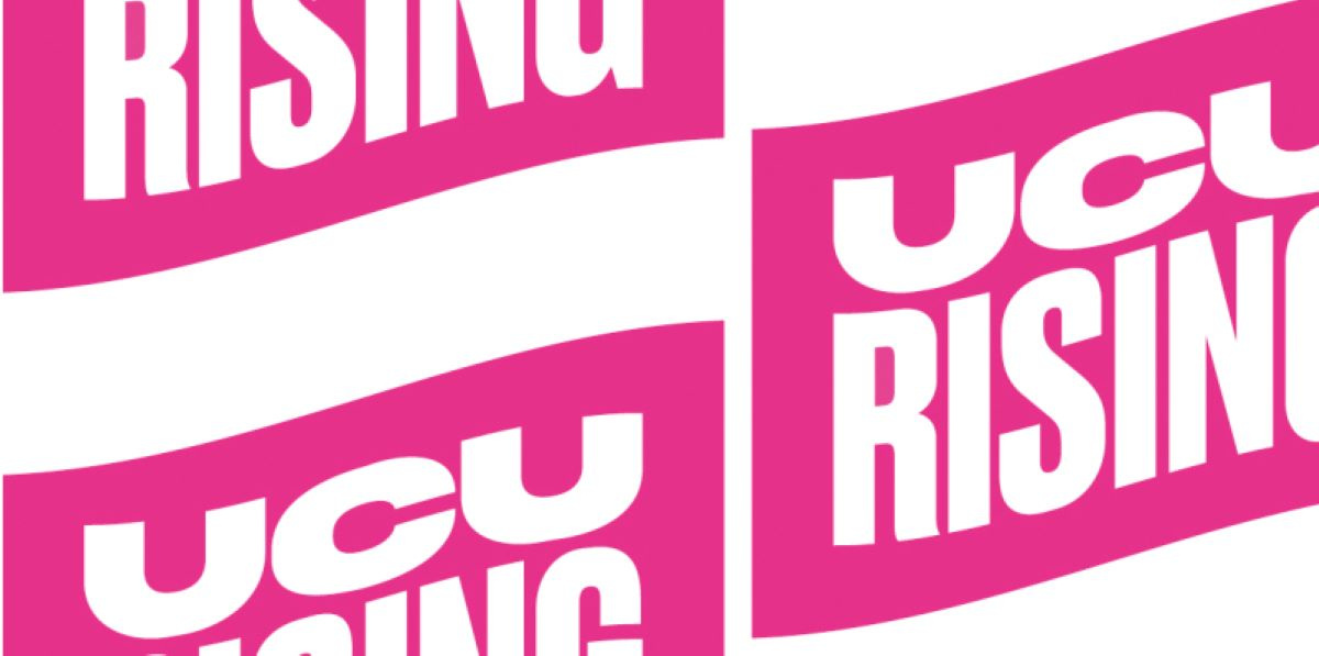 'UCU rising' logo written in white text on three pink blocks