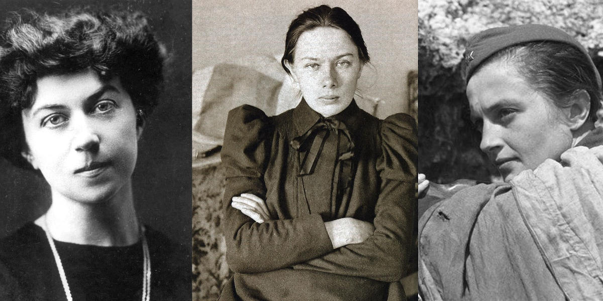 Photographs of three of the five women features in Red Valkyries (From left to right: Alexandra Kollontai, Nadezhda Krupskaya, Lyudmila Pavlichenko)