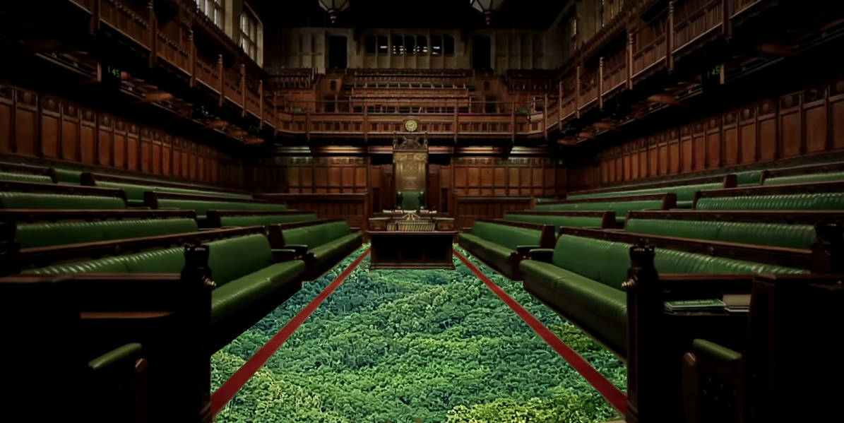 The chamber of the house of commons, except the green carpet has been replaced with jungle vegetation
