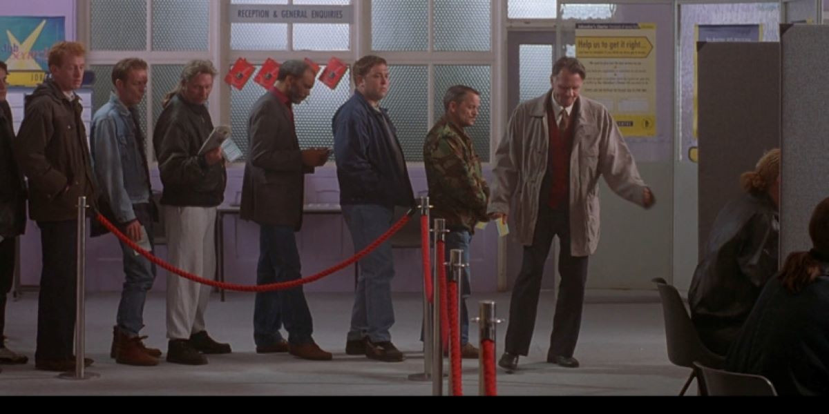 Scene showing men in dole queue from 1997 film The Full Monty