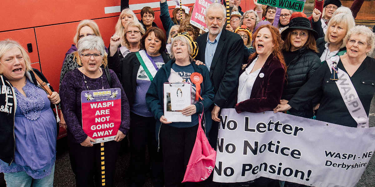 Former labour leader Jeremy Corbyn meeting with members of Women Against State Pension Inequality (WASPI)