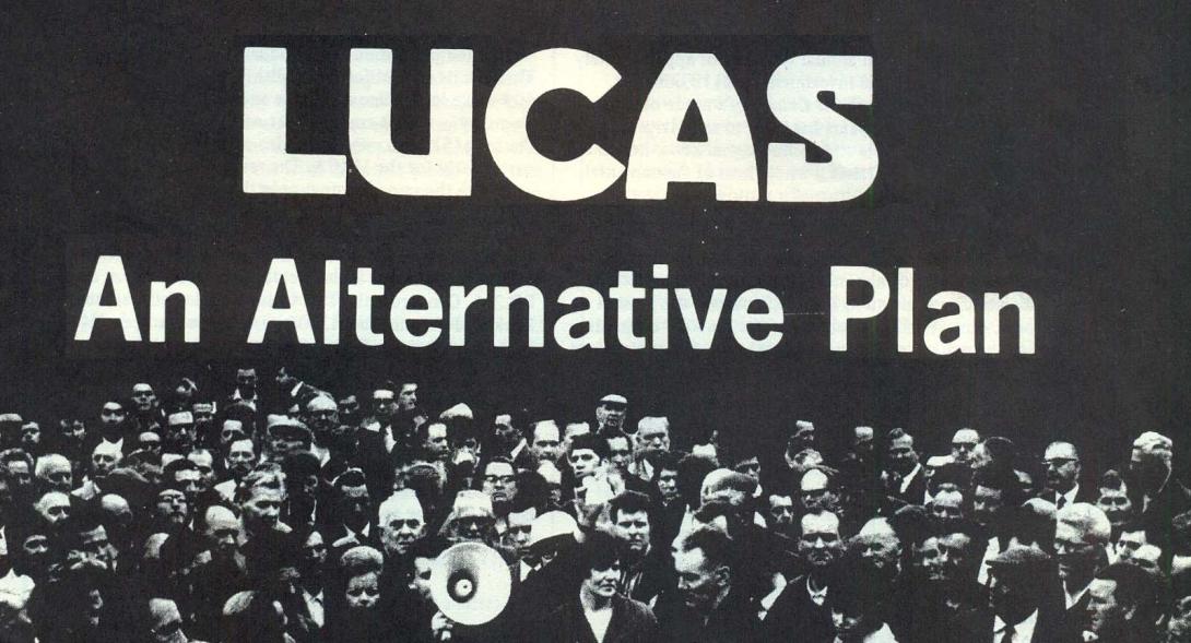 It reads 'Lucas. An Alternative Plan' with an image of workers with megaphones beneath it