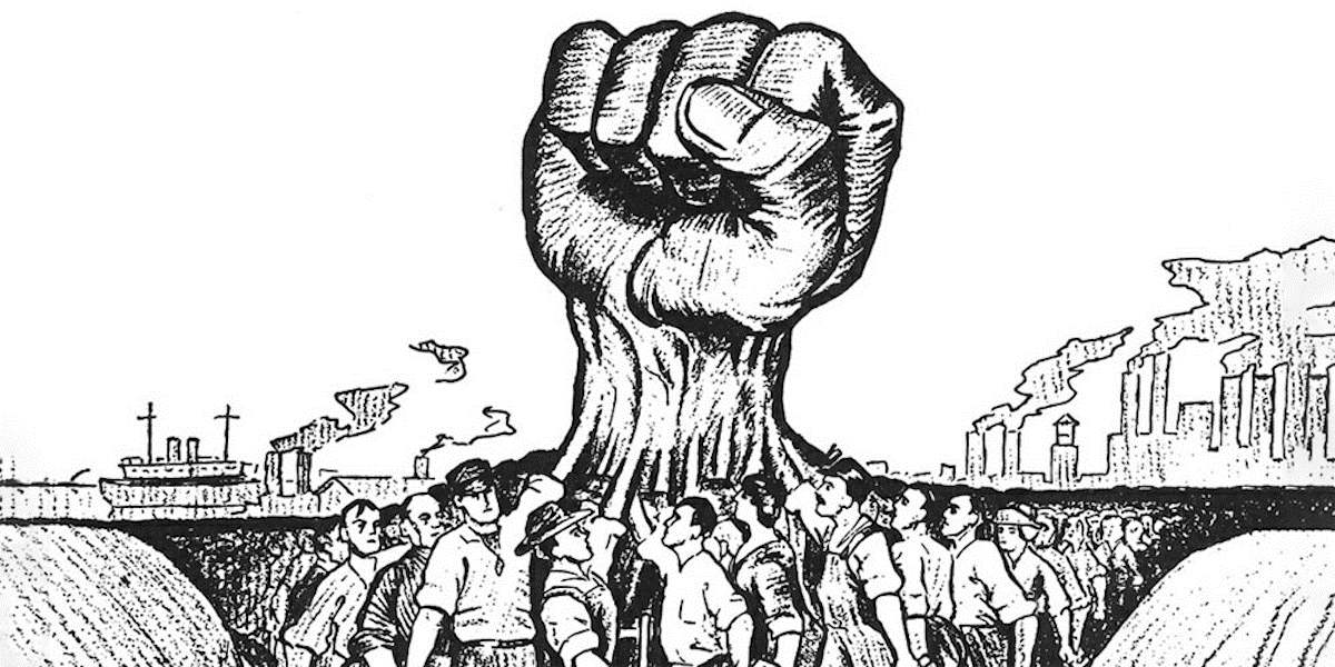 An illustration of workers rating their arms into a giant fist punching up into the air