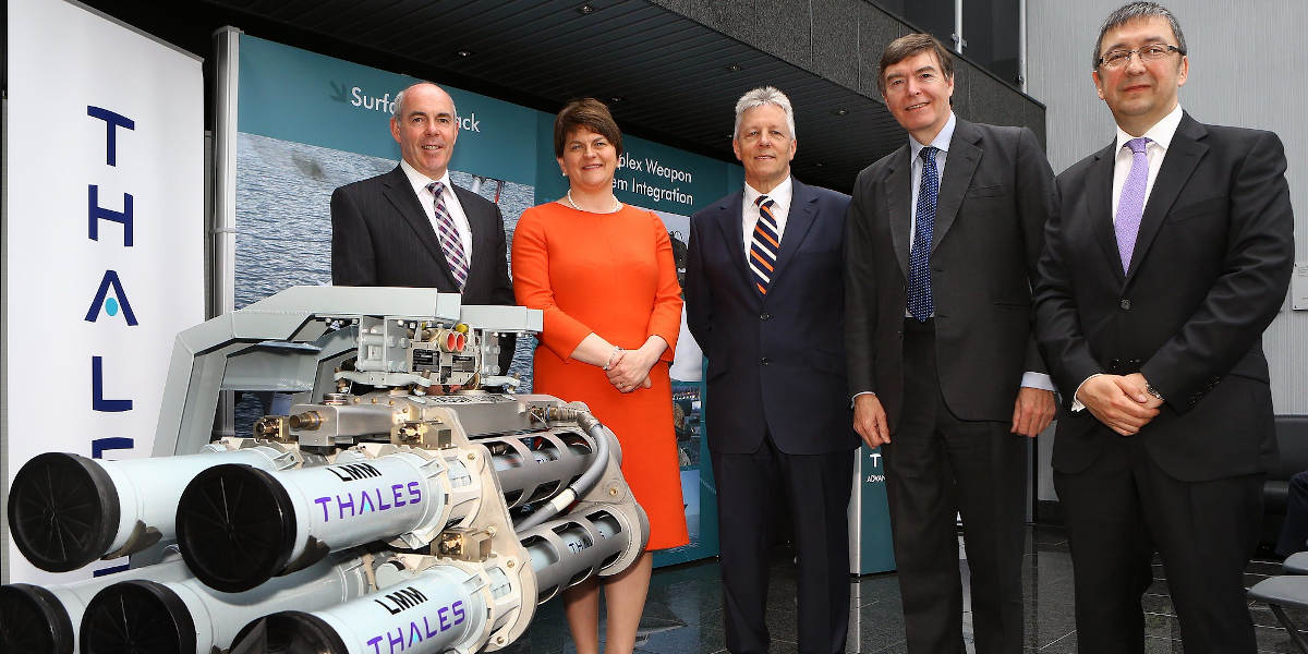 Former Northern Irish First Minister Arlene Foster at the Thales plant in Belfast