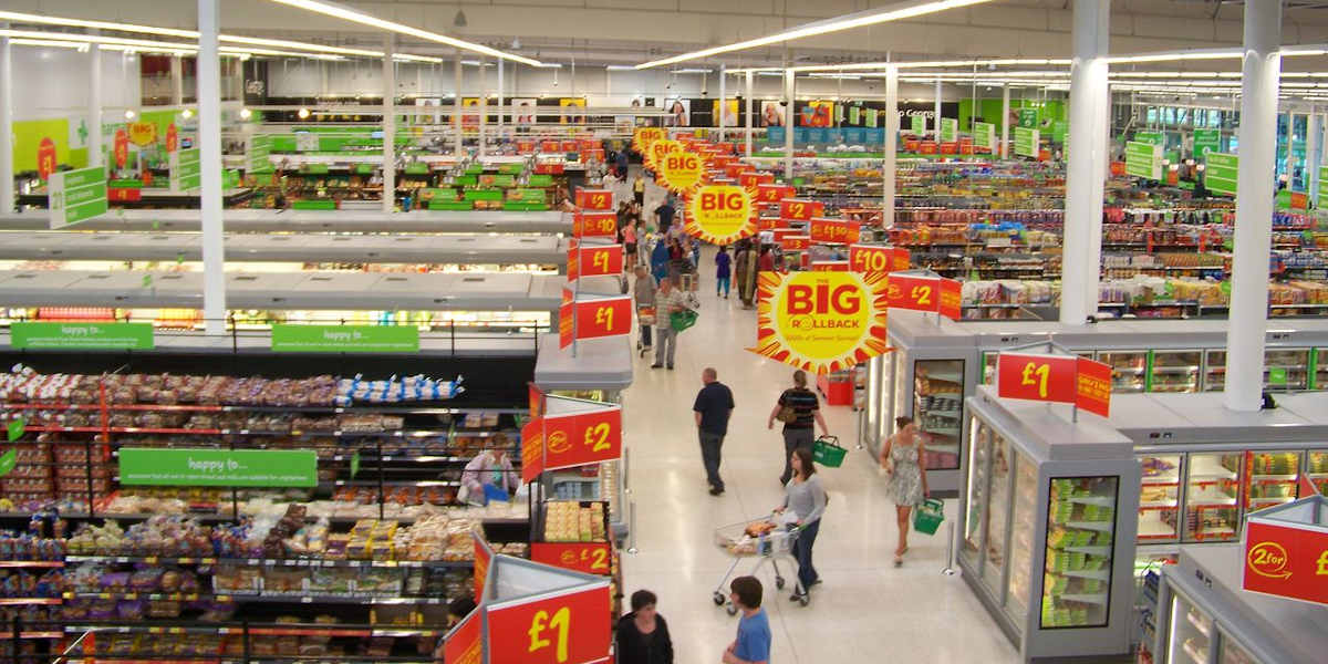 The food aisle of an Asda supermarket