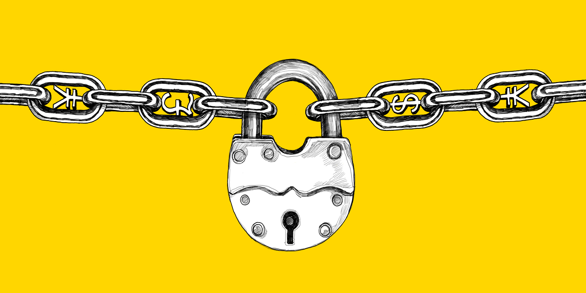 On a yellow background, an illustration of a chain held together by a padlock. There are currency symbols within the links of the chain