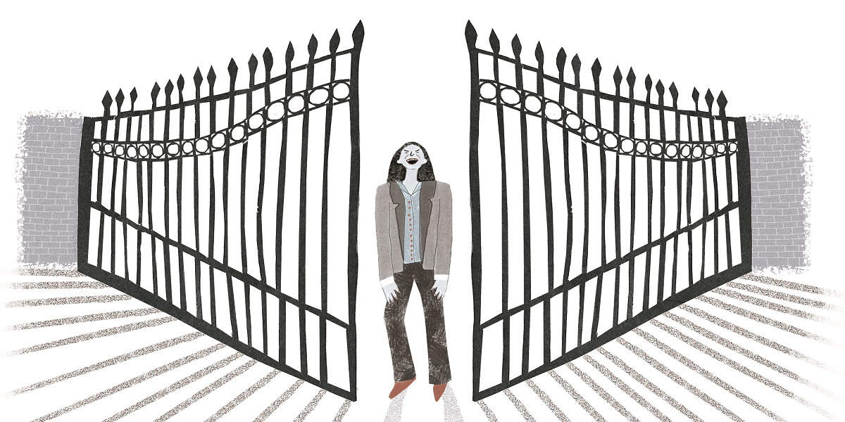 An illustration shows a figure with long straight hair standing in the small opening between two sides of a gate. The figure is laughing, head thrown back