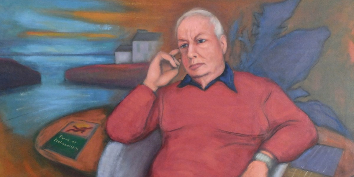 A painting of an older white man sitting in front of a bookcase wearing a red jumper