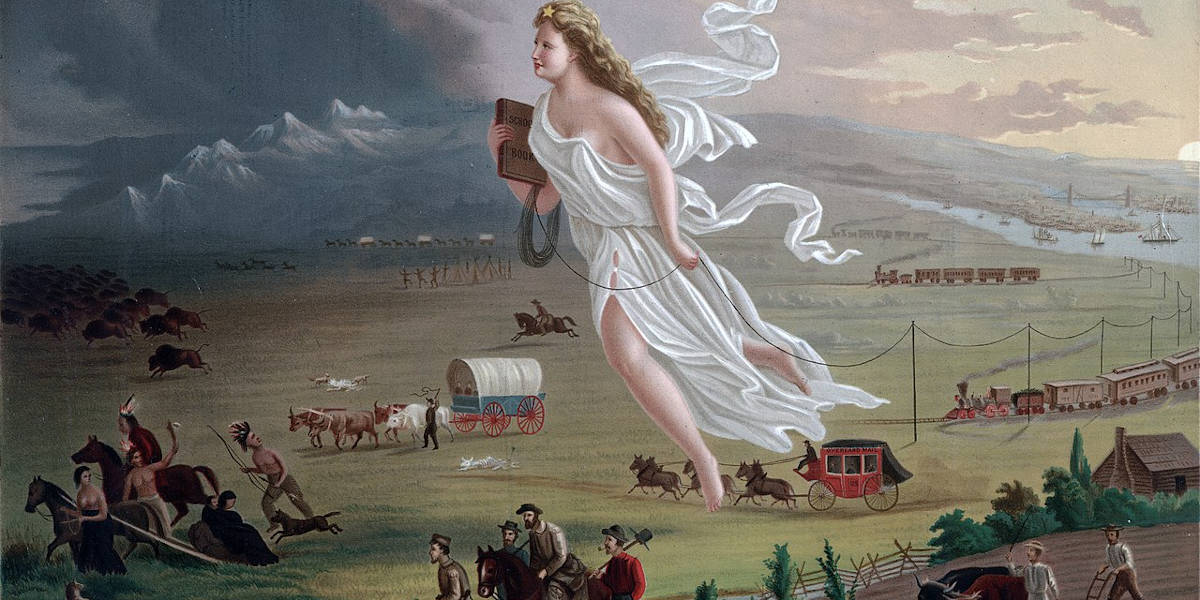 An oil painting showing the expansion of colonial settlers over the North American plains, with a large figure of a blonde woman floating over the top, representing the colonial concept of Manifest Destiny