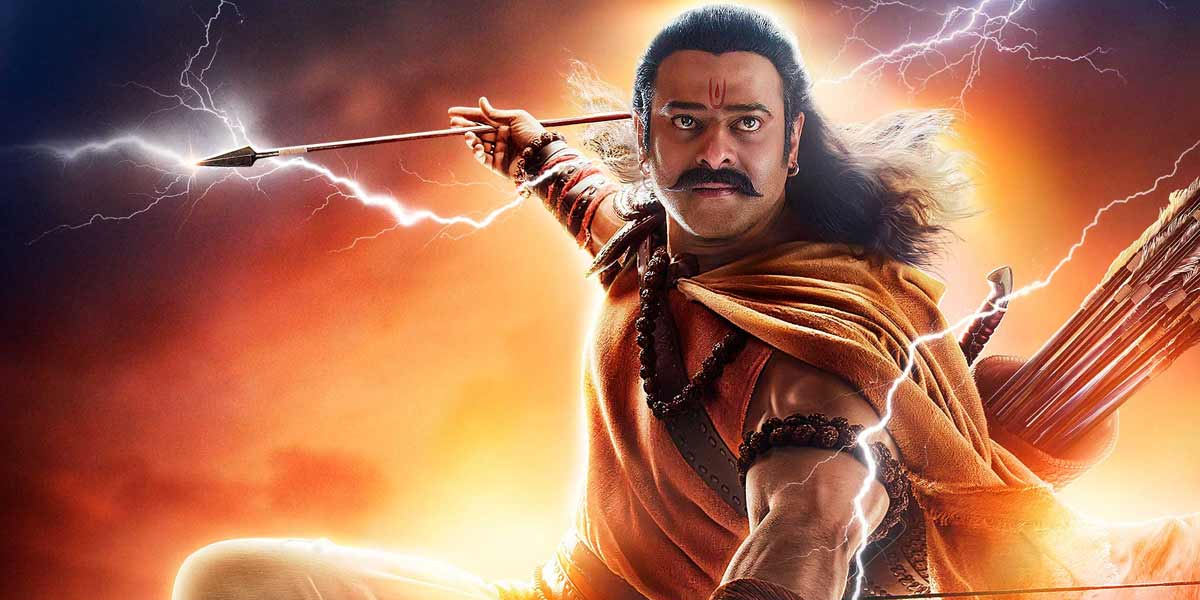 A stylised still from the television series Adipurush featuring muscular actor Prabhas with lightening strikes behind him, flowing hair and holding a bow and arrow