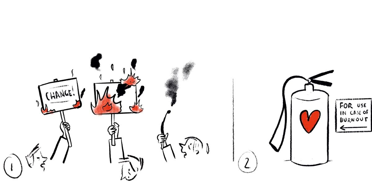 Sketches showing placards catching fire and a fire extinguisher with a love heart on it