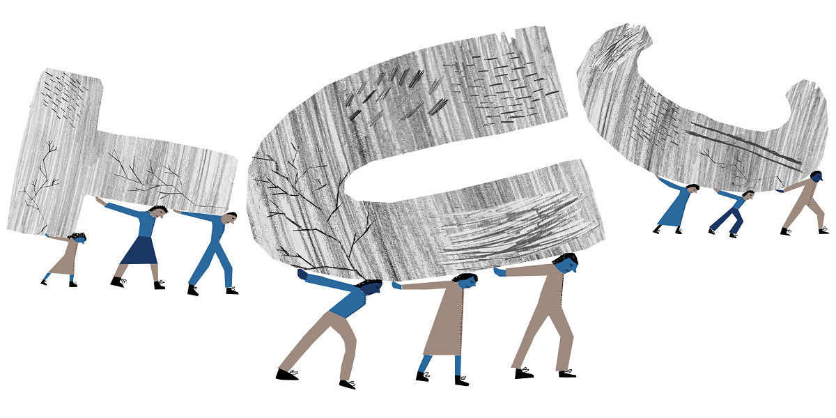An illustration in which workers are holding up the letters T, U and C to spell TUC.