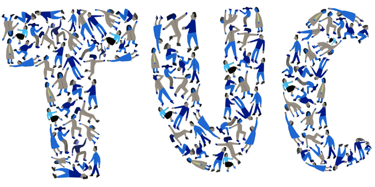 An illustration which reads TUC. Each letter is made up of the bodies of workers.