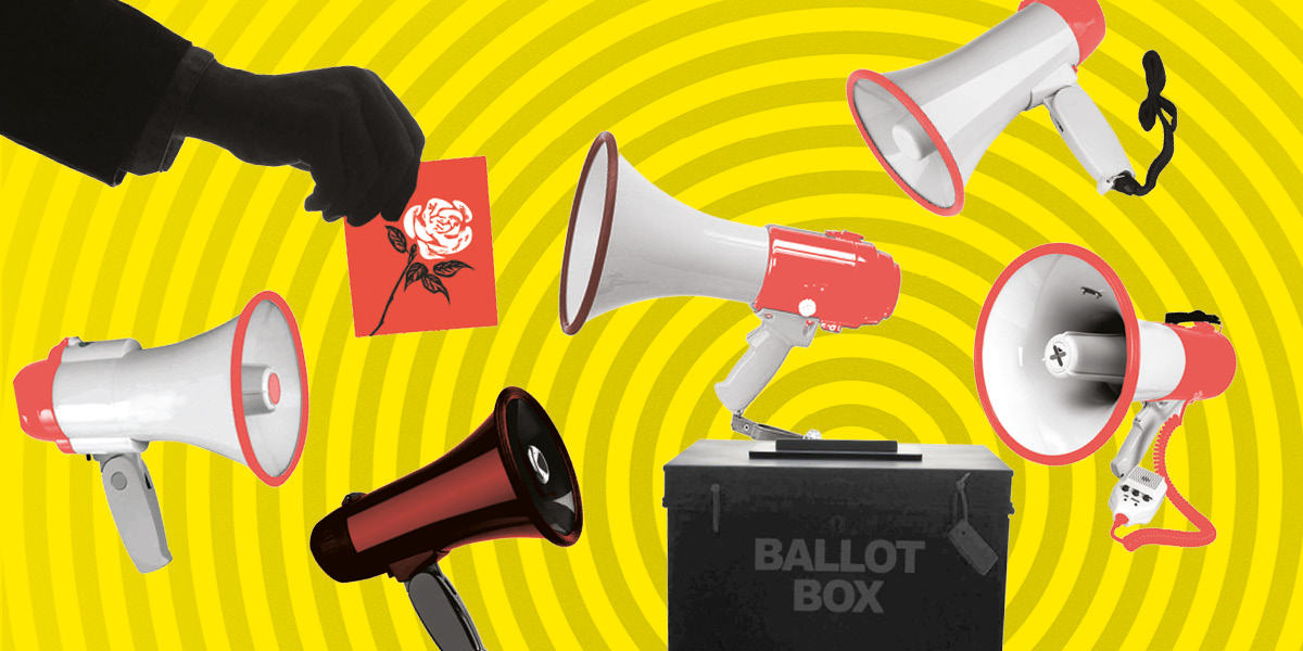 Against a yellow background with concentric circles pattern, a silhouette of a hand drops a vote with a Labour Party rose into a ballot box, while megaphones float all around it