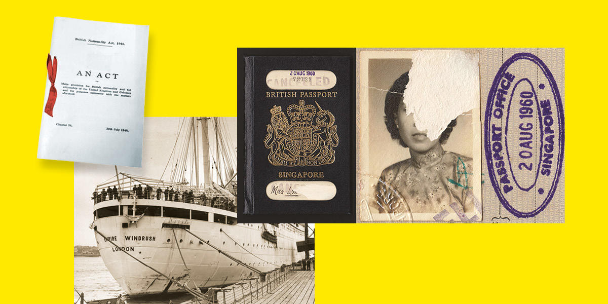 Against a yellow background there are images of the Empire Windrush ship, a colonial-era British Subject passport and stamp, and the 1968 Nationality Act