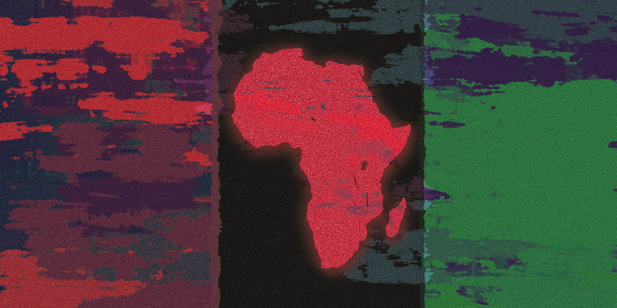 The outline of Africa, coloured in red, sits amid the pan-africanist colours of red, black and green