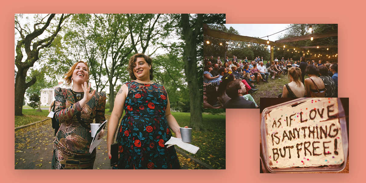 A montage of images on a pale pink background: two women walking through a forest, a cake that reads: 'as if love is anything but free' and a forest wedding