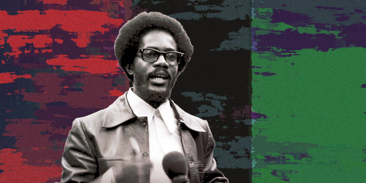 Walter Rodney, aBblack man with Afro hair, glasses, dressed in a 1970s style suit is speaking against a red, black and green background