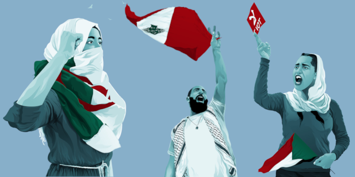 Illustrations show protesters for democracy and human rights holding flags from Algeria, Lebanon, and Palestine