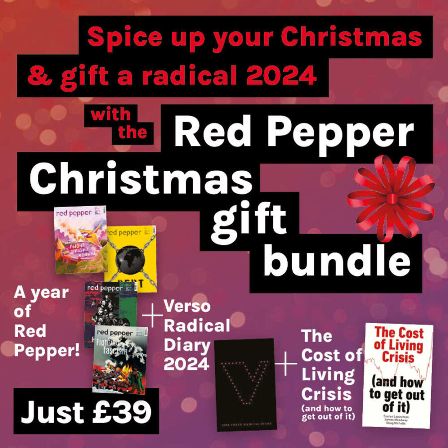 Against a red/purple background, images of the gift bundle contents: red pepper issues; a diary and a book, with a rosette on top