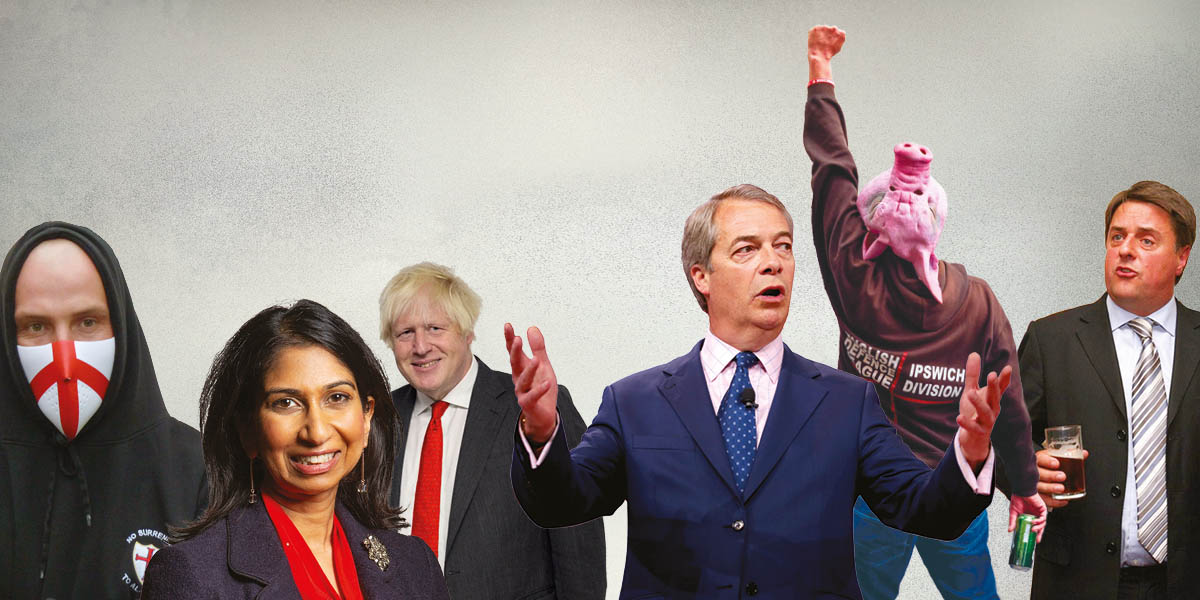 A montage of UK far-right figures including Suella Braverman, Nigel Farage, Nick Griffith, Boris Johnson and masked protesters with St George's Flag and pig masks