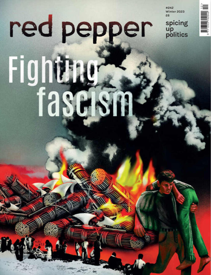 Magazine cover showing faces on fire with a person carrying another person over their shoulder away from the flames. The title reads: 'Fighting Fascism'