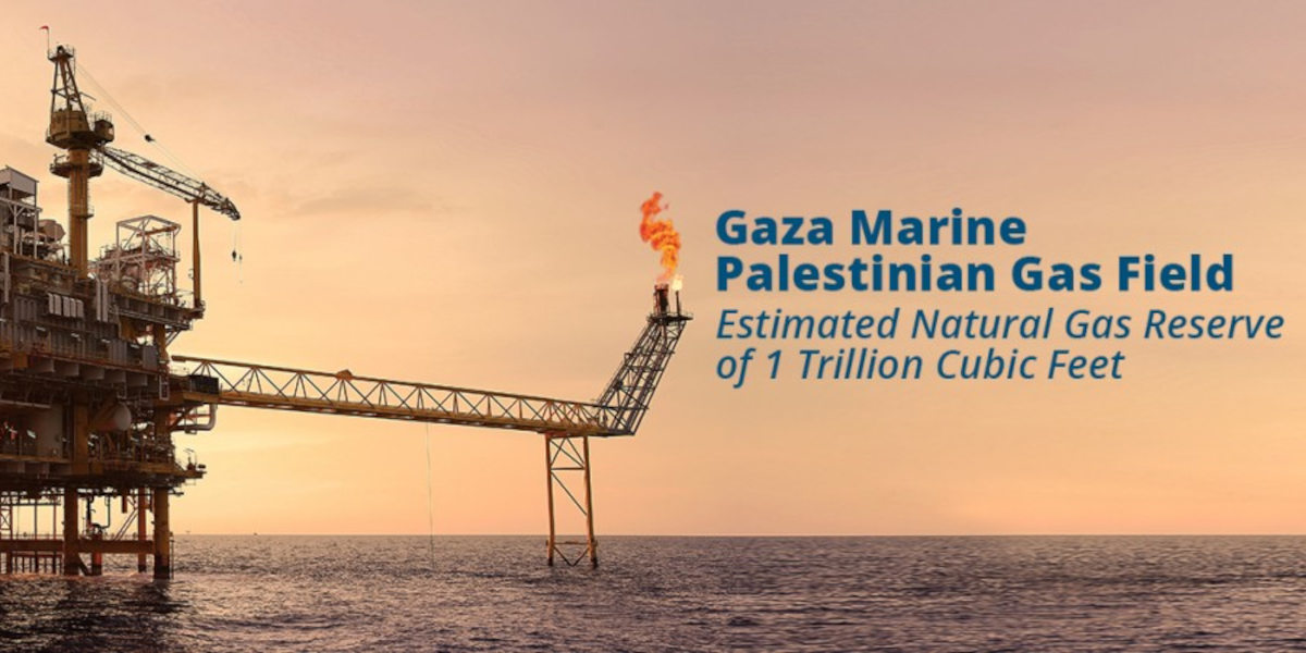 An extraction platform at sea with text that reads: Gaza Marine Palestinian Gas Field