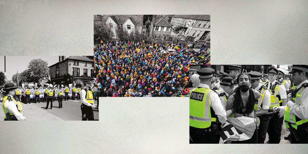 Three photos: one showing a large crowd; one showing a police cordon; one showing an activist being dragged away by police