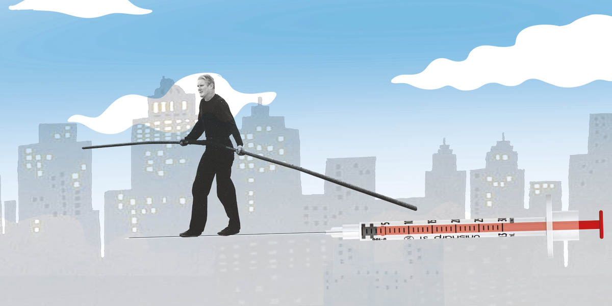 Illustration shows Labour leader Keir Starmer walking on a 'tight rope' that is the needle of a syringe