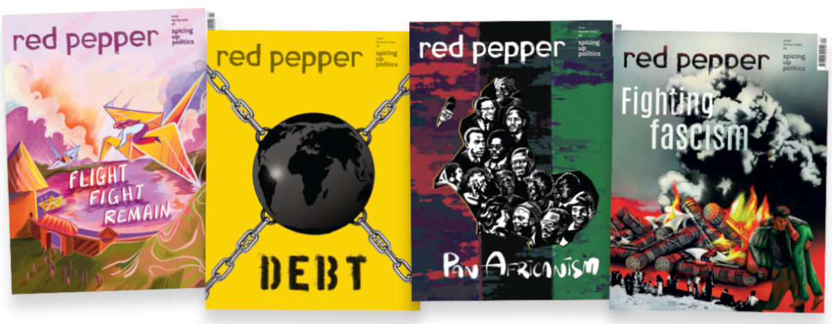 Four brightly coloured issues of Red Pepper magazine, equivalent to an annual subscription