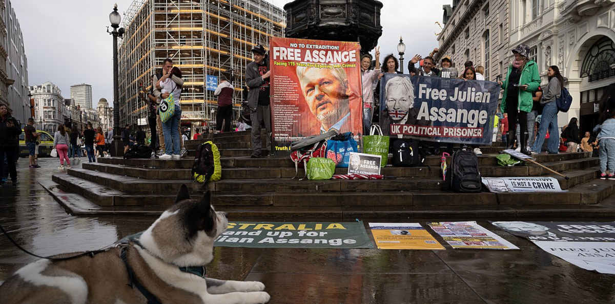 Activists with placards and banners reading 'Free Assange'