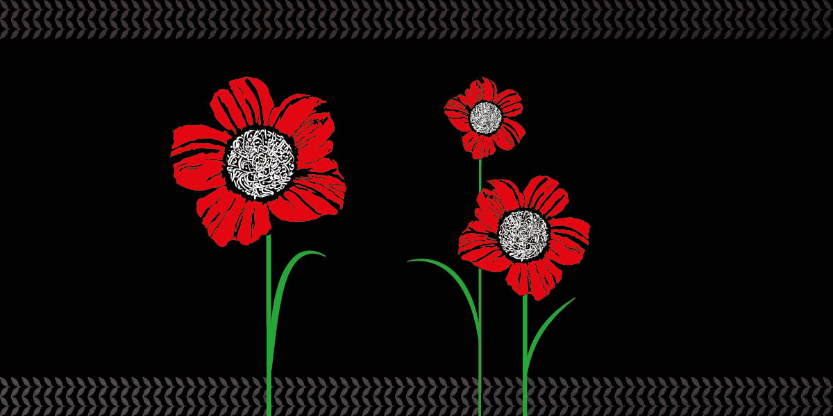 On a black background, there are three poppies. Each poppy has a centre of Arabic writing.